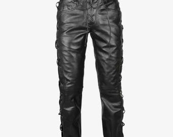 Handmade- Men's Real Genuine Black Leather Pants Zipper With Laces