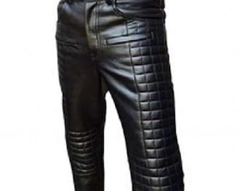 Men's Handmade Black Real Genuine Leather Pants Lambskin Designer Quilted Biker Rider Motorcycle Leather Pants Trousers