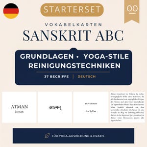 Könnte beinhalten: Ein Set Sanskrit ABC Lernkarten mit dem Text STARTERSET 00, VOKABELKARTEN SANSKRIT ABC, GRUNDLAGEN YOGA-STILE REINIGUNGSTECHNIKEN, 37 BEGRIFFE DEUTSCH und FÜR YOGA-AUSBILDUNG & PRAXIS. Die Karten zeigen den Begriff ATMAN mit der entsprechenden Schrift.