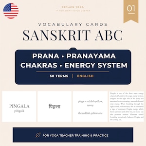 Può includere: Un set di carte vocabolario Sanscrito ABC con il testo EXPLAIN YOGA, SANSKRIT ABC, PRANA, PRANAYAMA, CHAKRAS, ENERGY SYSTEM, 58 TERMS, ENGLISH e PINGALA. Le carte includono definizioni e descrizioni dei canali energetici in inglese.