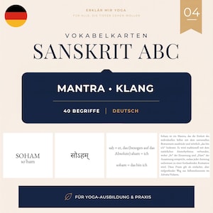 May include: A set of Sanskrit ABC vocabulary cards featuring the text 'MANTRA KLANG' and '40 BEGRIFFE'. The cards display the term 'SOHAM' in Latin and Devanagari script, along with a detailed German explanation of the mantra's meaning and usage.