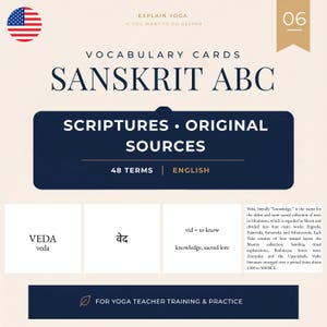 Könnte beinhalten: Ein Satz Vokabelkarten mit dem Titel Sanskrit ABC, mit dem Text Scriptures Original Sources und 48 Terms English. Die Karte zeigt das Wort Veda in Englisch und Sanskrit-Schrift, mit der Definition vid to know, knowledge, sacred lore.