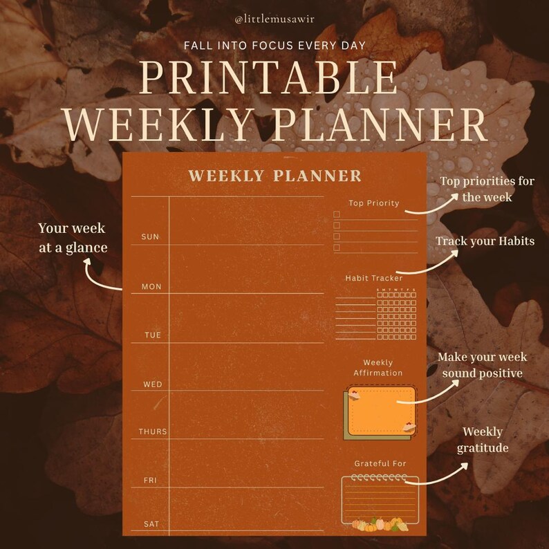 Fall Weekly Planner Printable – Autumn Journal Page With Habit Tracker ...