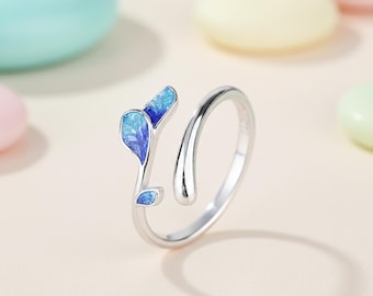 Anello in argento sterling 925 con foglia, anello regolabile in smalto blu