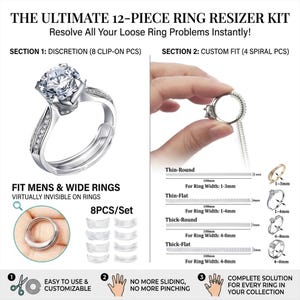 Kit di regolazione della misura dell'anello, clip invisibile e riduttori a spirale, 12 pezzi