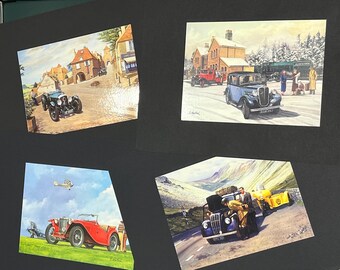 Vintage Village Scene Print: 1920s-1940s Classic Cars, Trains - A4 Mounted