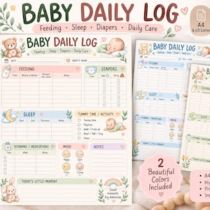 Könnte beinhalten: Eine druckbare tägliche Baby-Protokollvorlage mit Abschnitten für Fütterung, Schlaf, Windeln, Vitamine und tägliche Notizen. Das Dokument enthält Illustrationen eines Teddybären, eines Babys und eines Regenbogens mit Textbeschriftungen.