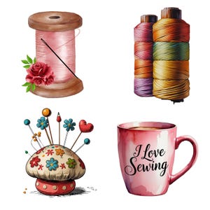 Sewing Essentials – 4 cute cliparts: thread, mug, pincushion & needle