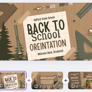 Puede incluir: Gráfico de orientación de regreso a la escuela con el texto "BACK TO SCHOOL OREINTATION" sobre un fondo de papel cuadriculado. El diseño incluye lápices, reglas y una silueta de pino, todo sobre un fondo de vetas de madera. También se incluye el texto "Welcome Back, Students!"