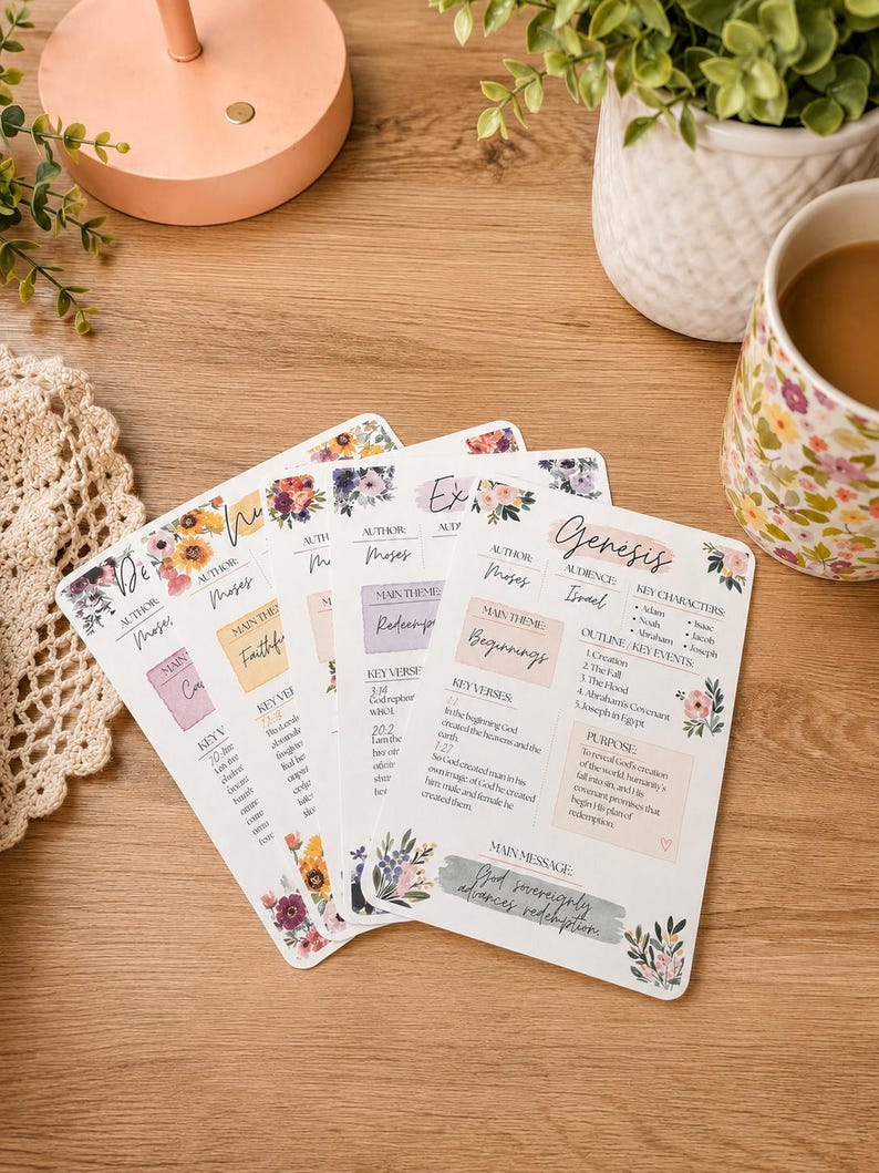 May include: A set of white rectangular cards featuring floral watercolor illustrations and printed text detailing biblical book summaries. Each card includes sections for author, audience, main theme, key verses, key characters, events, and purpose.