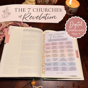 May include: An open book featuring a printed insert titled The 7 Churches of Revelation. The insert lists Ephesus, Smyrna, Pergamum, Thyatira, Sardis, Philadelphia, and Laodicea with columns for commendation, correction, and promise. A digital download badge is visible.