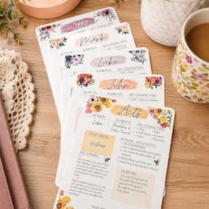 May include: A stack of five white paper study guides featuring floral watercolor illustrations and headings for the books of Matthew, Mark, Luke, John, and Acts. Each sheet includes sections for author, audience, key characters, themes, and verses.