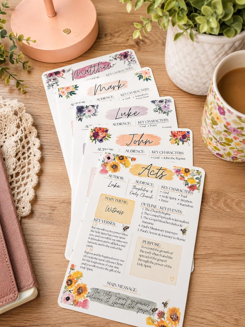 May include: A stack of five white paper study guides featuring floral watercolor illustrations and headings for the books of Matthew, Mark, Luke, John, and Acts. Each sheet includes sections for author, audience, key characters, themes, and verses.