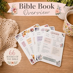May include: A set of white informational cards titled Bible Book Overview, featuring floral illustrations and detailed summaries for books like Genesis. Each card includes sections for author, audience, key characters, outline, purpose, and key verses.