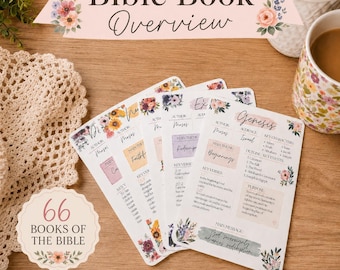May include: A set of white informational cards titled Bible Book Overview, featuring floral illustrations and detailed summaries for books like Genesis. Each card includes sections for author, audience, key characters, outline, purpose, and key verses.
