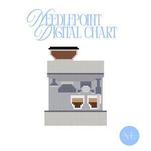May include: A digital needlepoint chart with a pixelated coffee machine design. The machine is grey with brown accents, including a coffee cup and a coffee bean container. The text "NEEDLEPOINT DIGITAL CHART" is in a light blue script.