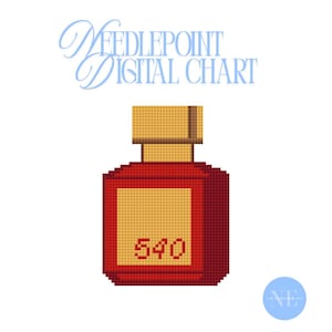 May include: A digital needlepoint chart featuring a pixelated design of a red bottle with a gold cap. The bottle has a gold label with the number 540. The text "NEEDLEPOINT DIGITAL CHART" is above the bottle.