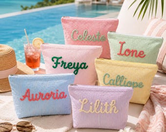 Personalized Seersucker Makeup Bag, Custom Cosmetic Bag, Travel Toiletry Pouch, Embroidered Chenille Name Bag, Beach Vacation Gift for Her