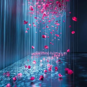 Könnte beinhalten: Eine Kunstinstallation mit rosafarbenen Blumen, die von oben herabhängen und einen visuellen Wasserfalleffekt erzeugen. Die Blumen sind auf einer reflektierenden blauen Oberfläche verstreut, was das Erlebnis verstärkt.
