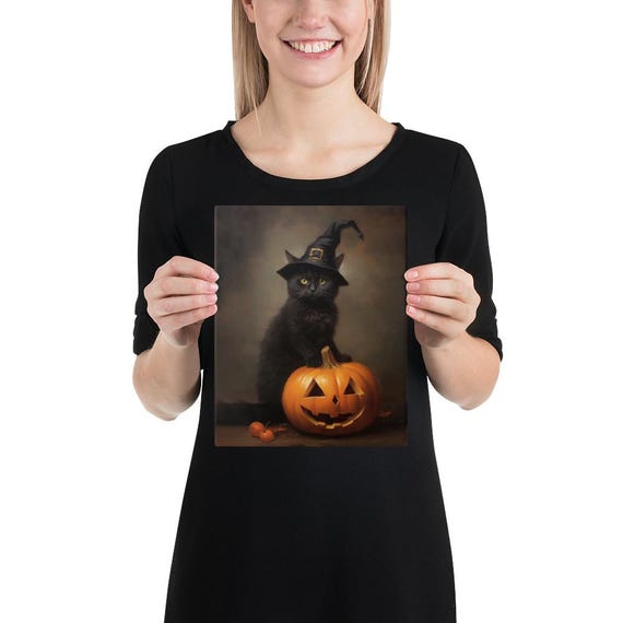 Black Cat in Witch Hat Canvas Print Wall Art