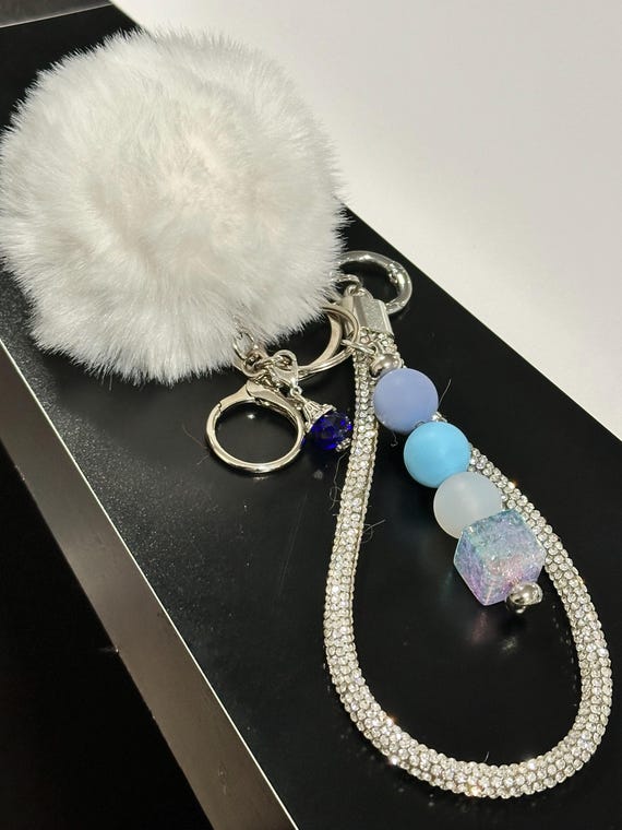 Faux Fur Pom Pom Keychain with Beaded Wristlet - Soft Cloud White, Crystal Silver Chain, Blue Tones Charm
