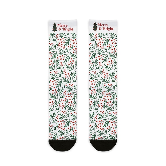 Merry & Bright Holly Pattern Crew Socks | Christmas Holiday Socks