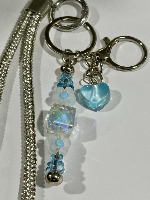 Bag Charm and Keychain with Silver Chain, Heart Charms, Crystal Beads, Rhinestone Accents