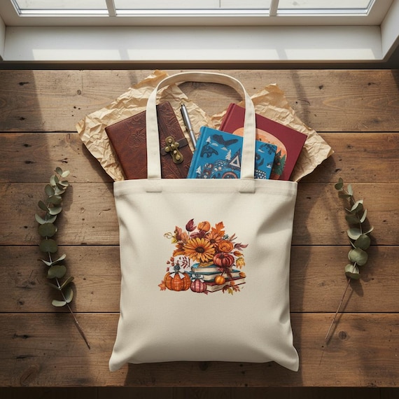 Book Lover Fall Tote Bag – Eco-Friendly Cotton, Pumpkin Floral Design