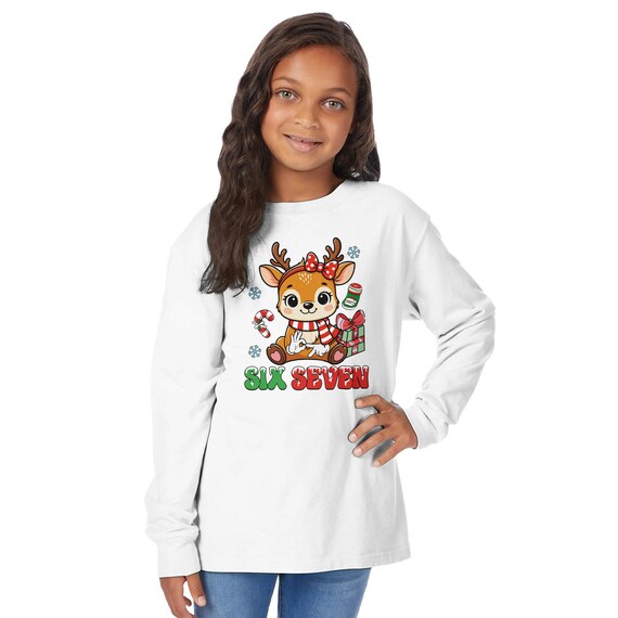 Kids Christmas Reindeer T-Shirt - Cozy ComfortWash Long Sleeve Crewneck Gift