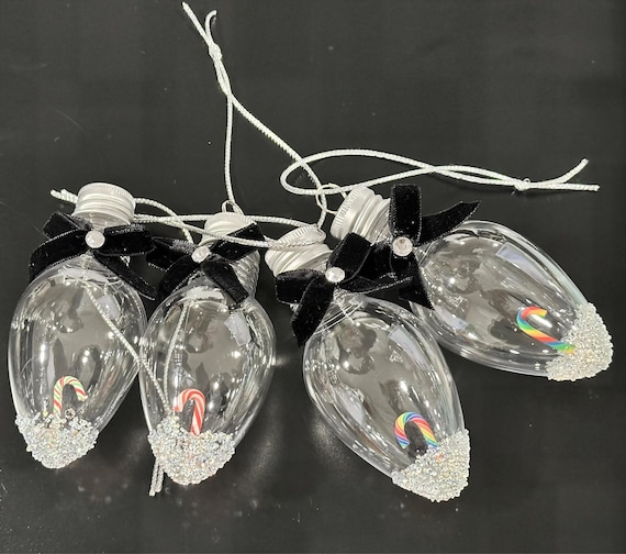 Floating Candy Cane Plastic Ornament Set – 4 Light-Up Ornaments with Velvet Bow and Rhinestones
