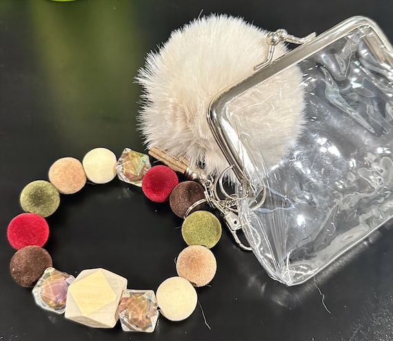 Handmade Velvet Beaded Bracelet Keychain | Clear Kiss Lock Coin Purse & Tassel