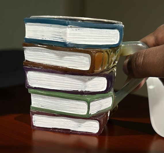 Handcrafted Painted Book Mug: 3D Resin Book Stack Coffee Cup
