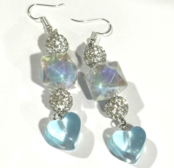Dangle Earrings with Crystal Beads, Iridescent Cube and Blue Heart Charms, Silver Hook