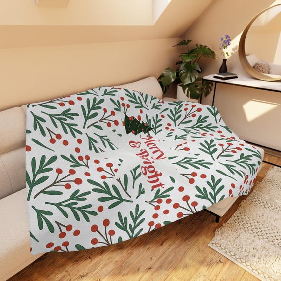 Merry & Bright Holiday Sherpa Blanket | Christmas Tree, Holly Berries Pattern