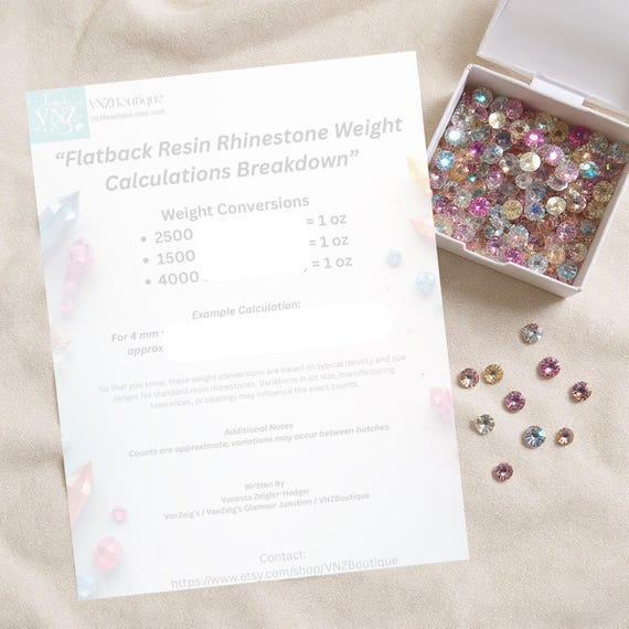 Resin Flatback Rhinestone Weight Calculation Breakdown -- Printable PDF Template (One-Page)