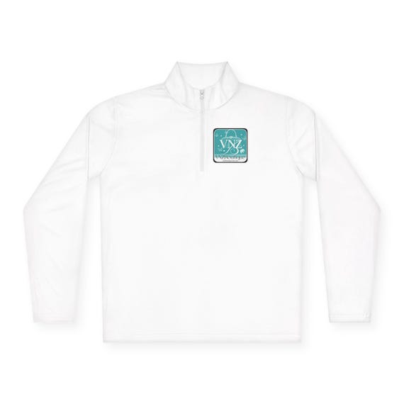 VNZ Logo & Quote quarter-zip pullover | teal sunburst inspirational design