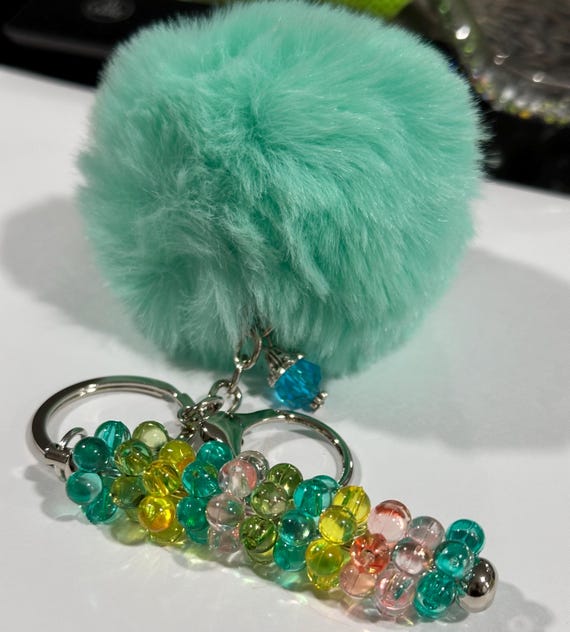 Colorful Fluffy Puff Fidget Keychain – Plush Pom Keychain with Rainbow Beads, Cute Bag Charm, Stress Relief