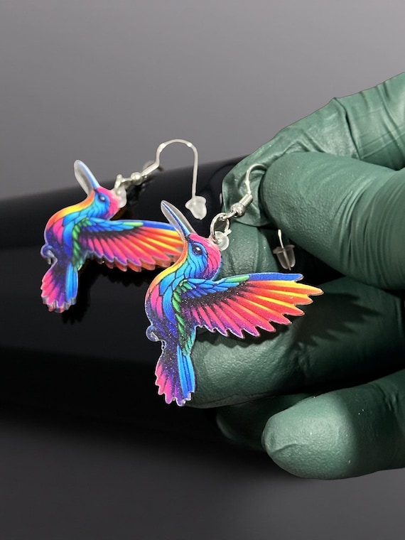 Hummingbird Dangle Earrings, Colorful Acrylic, 1.26 Inches, Bohemian Style