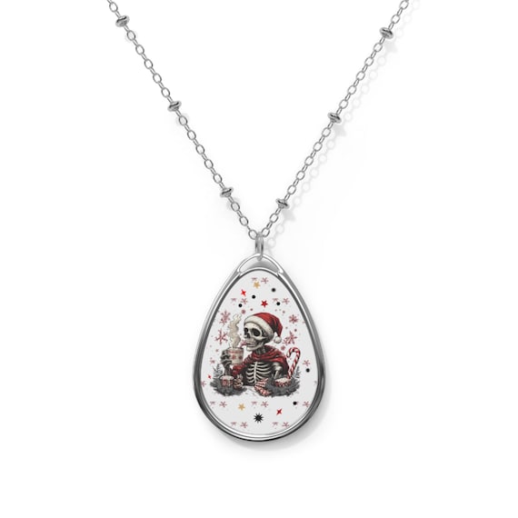 Santa Skeleton Illustration Oval Necklace | Holiday Gothic Pendant