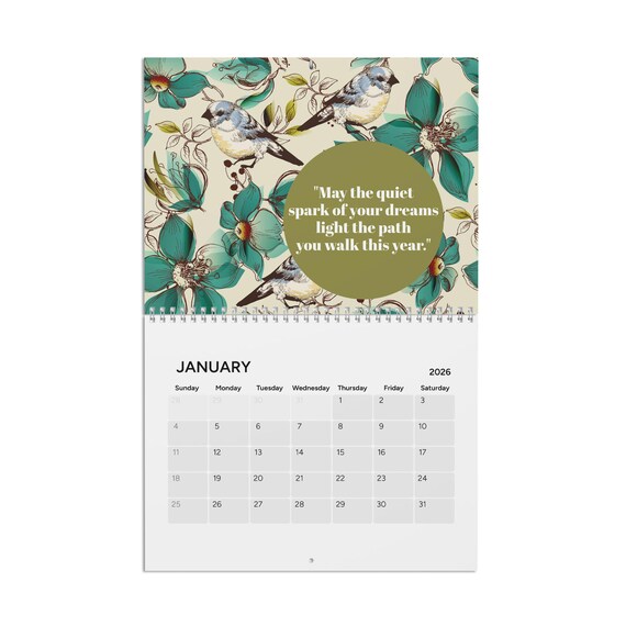 2026 Wall Calendar: Floral Bird Art, Motivational Quotes
