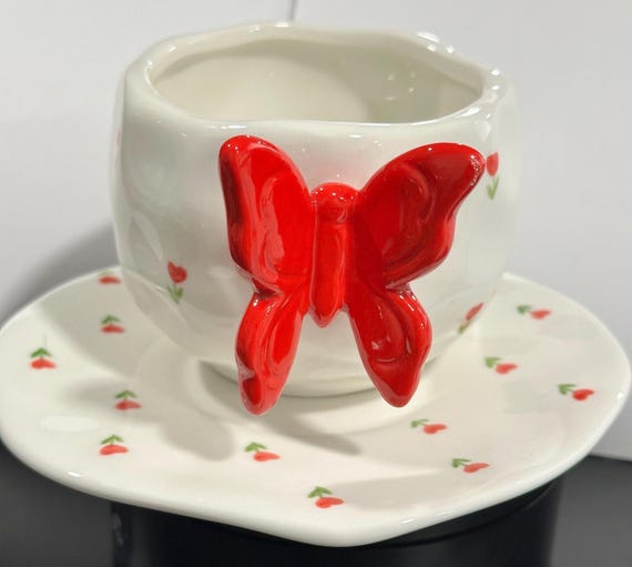 Handcrafted 3D Butterfly Ceramic Coffee Cup & Saucer Set – 300ml (10.4oz)