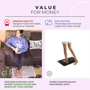 May include: The image shows a comparison of designer earthing mats and other common black grounding mats. The designer mat is shown in use, with a person sitting on a couch. The text highlights premium quality and size matters.