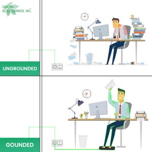 May include: An illustration comparing ungrounded and grounded electrical systems. The top half shows a stressed person at a messy desk. The bottom half depicts a happy person at a tidy desk. Text includes "GREEN ELECTRONICS, INC." and "UNGROUNDED" and "GROUNDED".