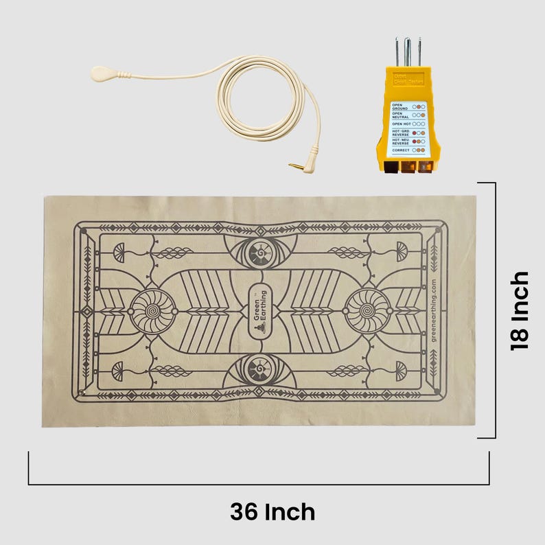 May include: A beige grounding mat with a decorative black pattern, measuring 36 inches long and 18 inches wide. Includes a yellow electrical outlet tester and a cream-colored grounding cable. The mat has the text "Green Earthing".