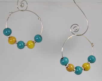 Sterling Silver Torch Fired Enamel Hoops Marigold and SeaFoam Green Made to Order