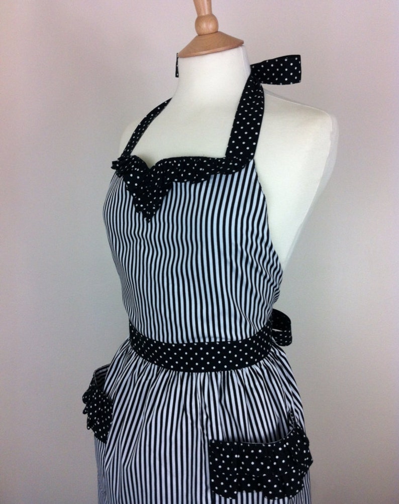 Cute Retro Apron With Curved Ruffle Black and White Striped Etsy