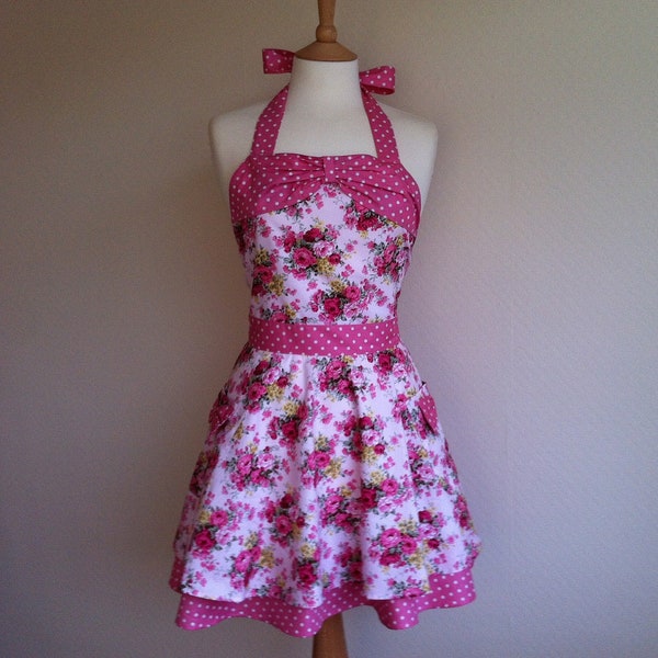 Retro apron with bow, circle skirt, pink floral a light pink fabric. 1950s inspired, fully lined.