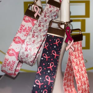 Personalized Breast Cancer Awareness Wristlet Keychain: Engraved Ribbon Charm