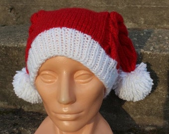 Cable hand knitted the Christmas Penny's style Hat, Pom poms hat,  Santa hat, Red and White chunky Acrylic