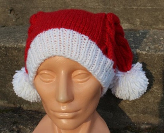 ingrascrafts Cable Hand Knitted The Christmas Penny's Style Hat, Pom Poms Hat, Santa Hat, Red and White Chunky Acrylic